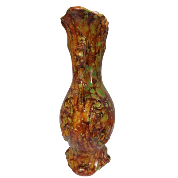 VTG Art Pottery Ewer Vase Brown Orange Green 1960-70s Pitcher Handled Hand Paint - Picture 4 of 12